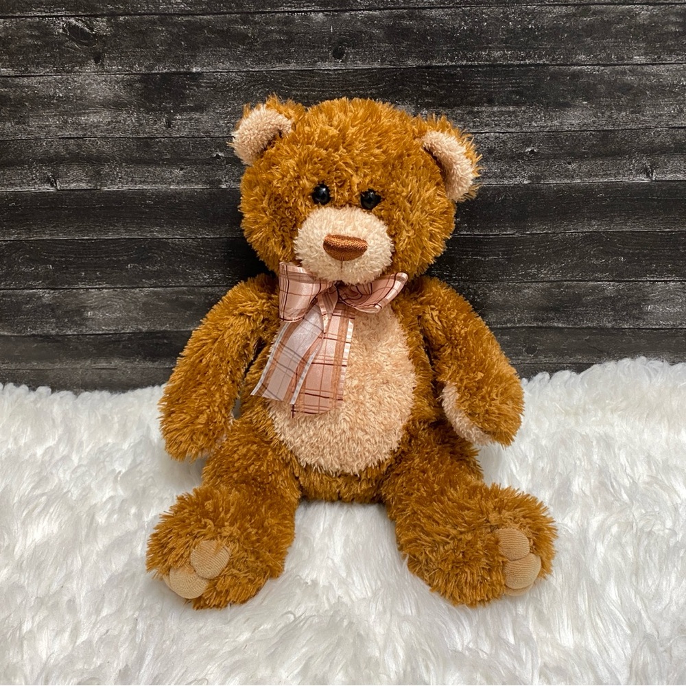 AURORA TEDDY BEAR PLUSH TOY BROWN PLAID BOW STUFFED ANIMAL